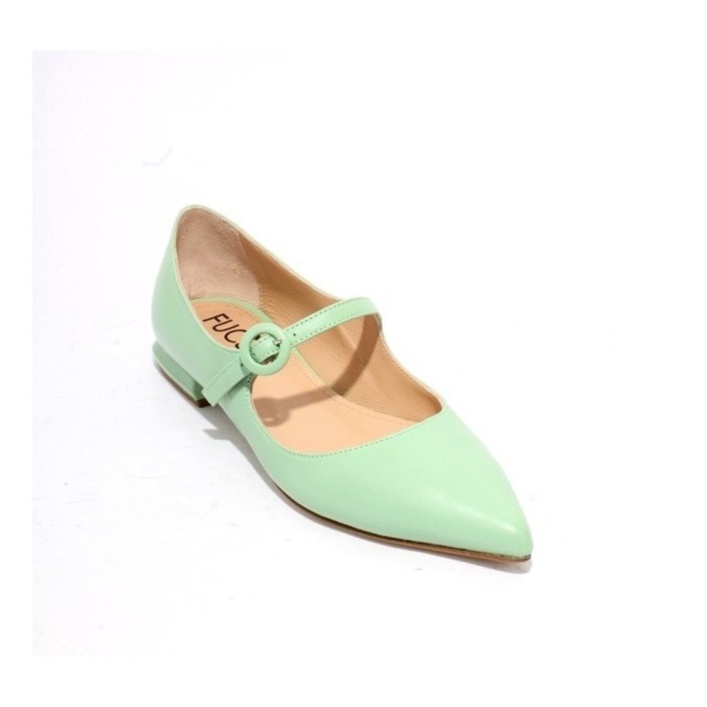 Fucsia 617f Mint Green Leather Buckle Pointy Flat Shoe
